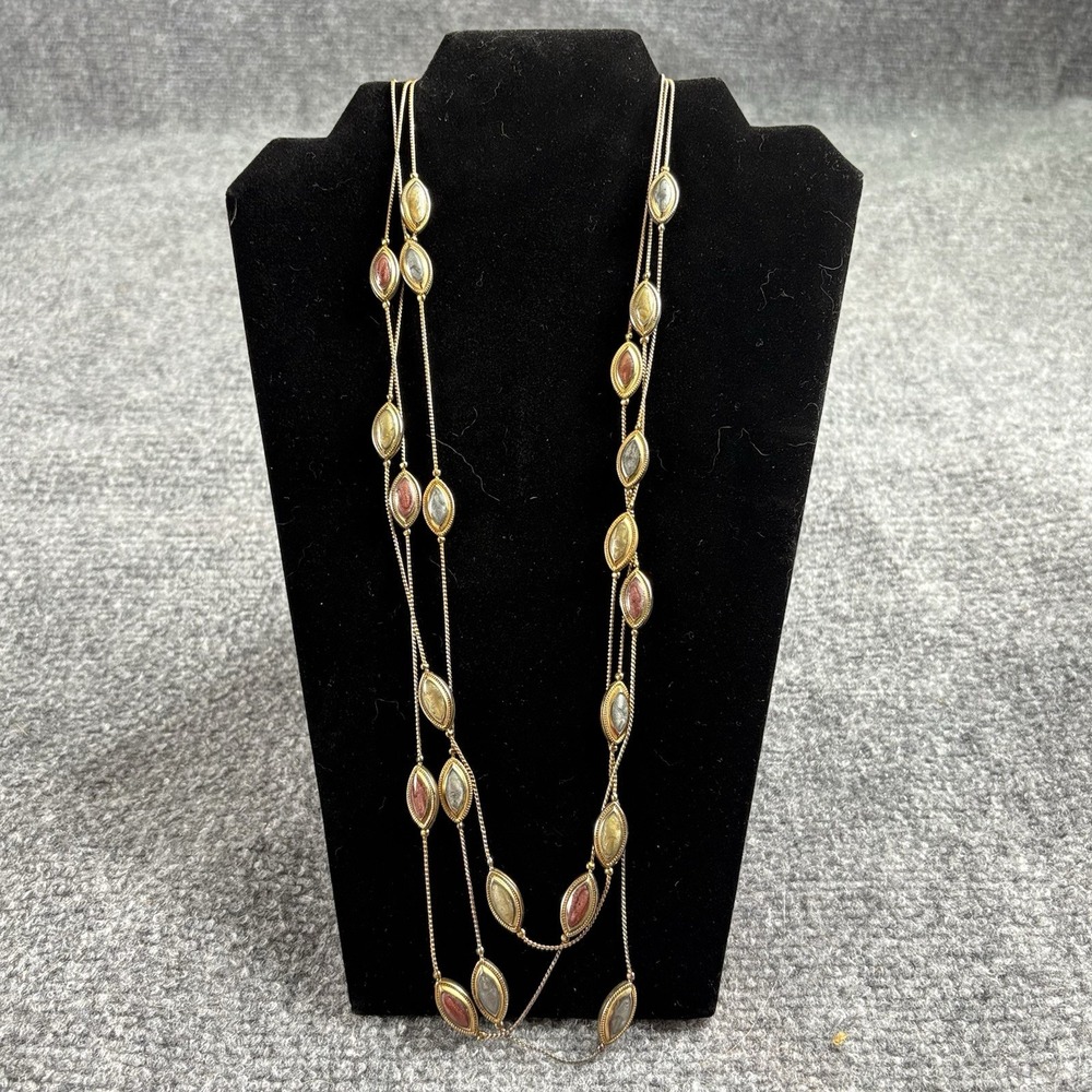 VTG 70s 3 Strand Cabochon Necklace Gold Silver Tone Boho Layered Retro 27"